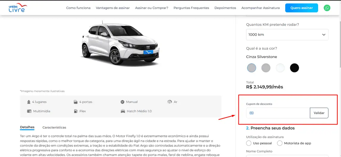 Onde inserir cupom de desconto Unidas Mensal Mais