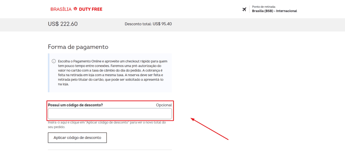 Onde inserir cupom de desconto Duty Free