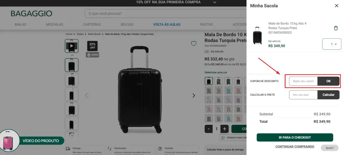 Onde inserir cupom de desconto Bagaggio