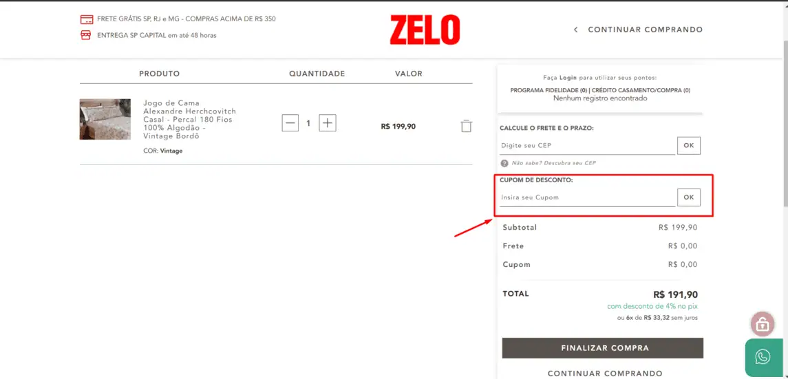 Onde inserir cupom de desconto Zelo