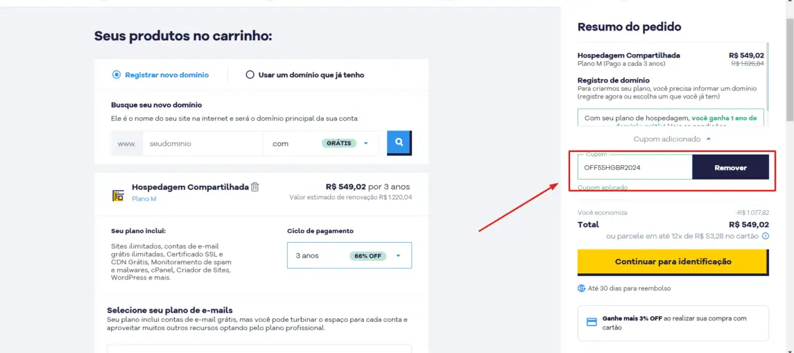 Onde inserir cupom de desconto Hostgator