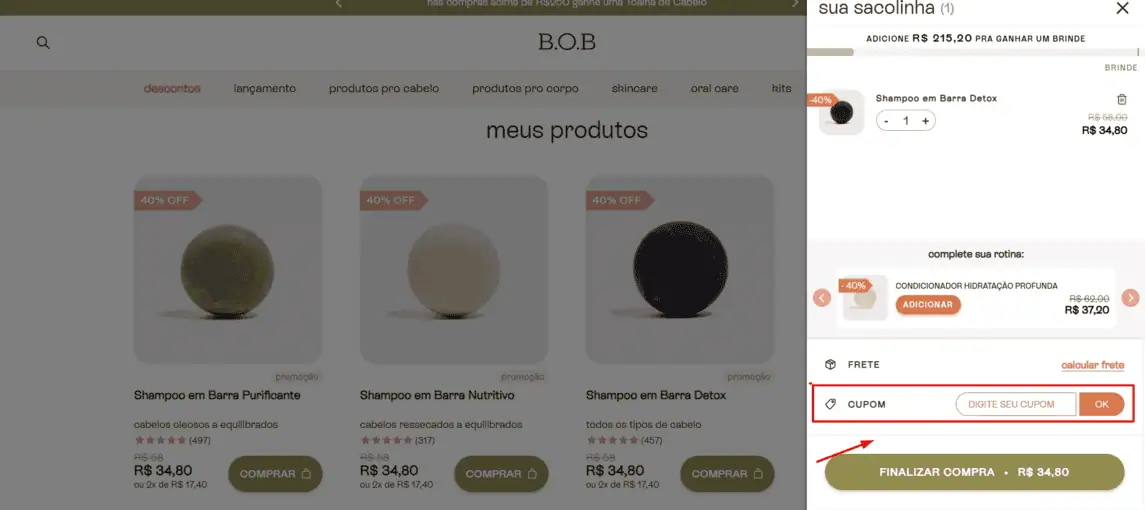 Onde inserir cupom de desconto Use Bob