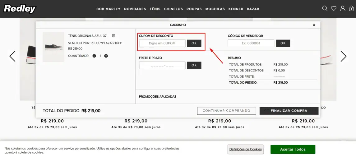 Onde inserir cupom de desconto Redley