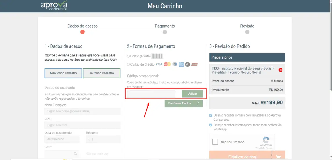 Onde inserir cupom de desconto Aprova Con Cursos