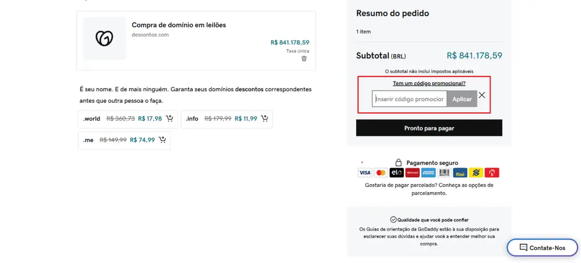 Onde inserir cupom de desconto GoDaddy