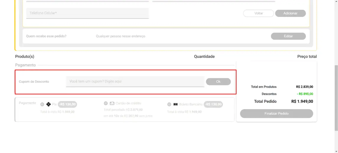 Onde inserir cupom de desconto Colombo