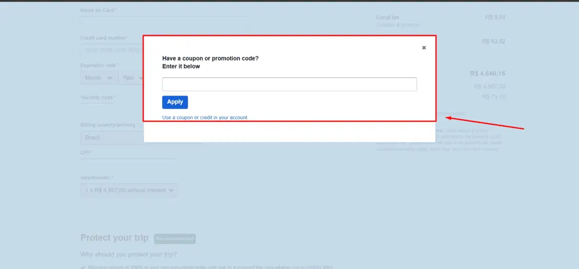 Onde inserir cupom de desconto Expedia