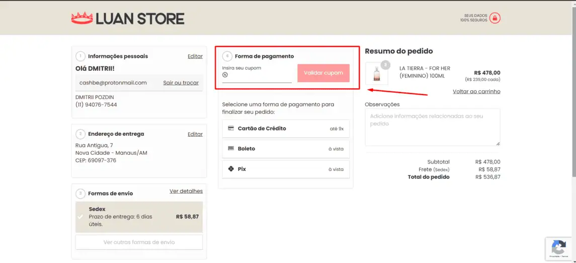 Onde inserir cupom de desconto Luan Santana Shop