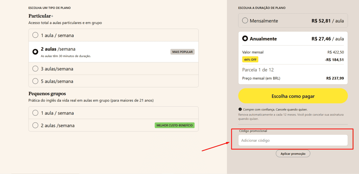 Onde inserir cupom de desconto Cambly