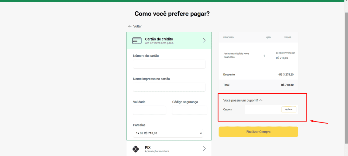 Onde inserir cupom de desconto Nova Concursos