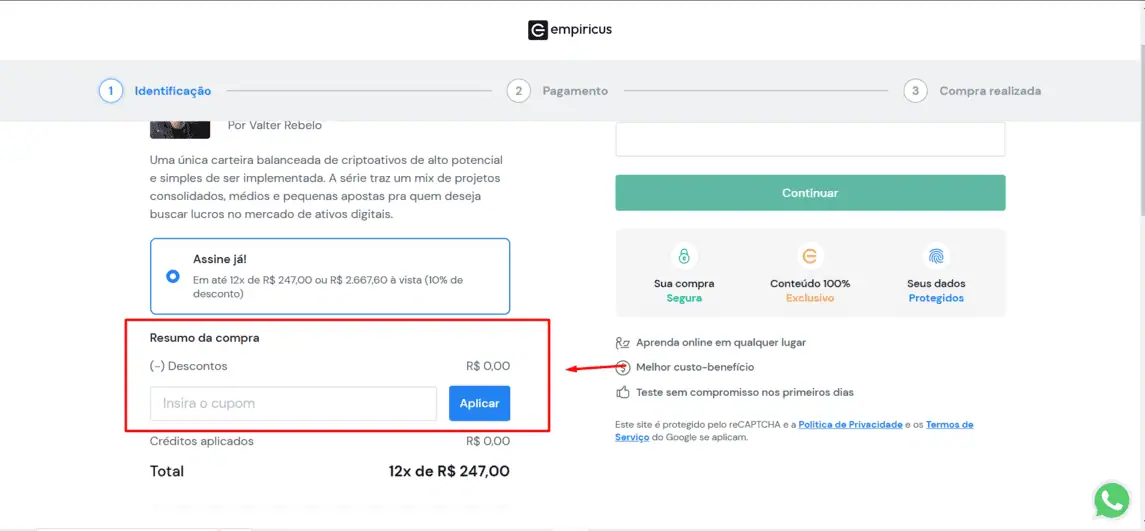 Onde inserir cupom de desconto Empiricus