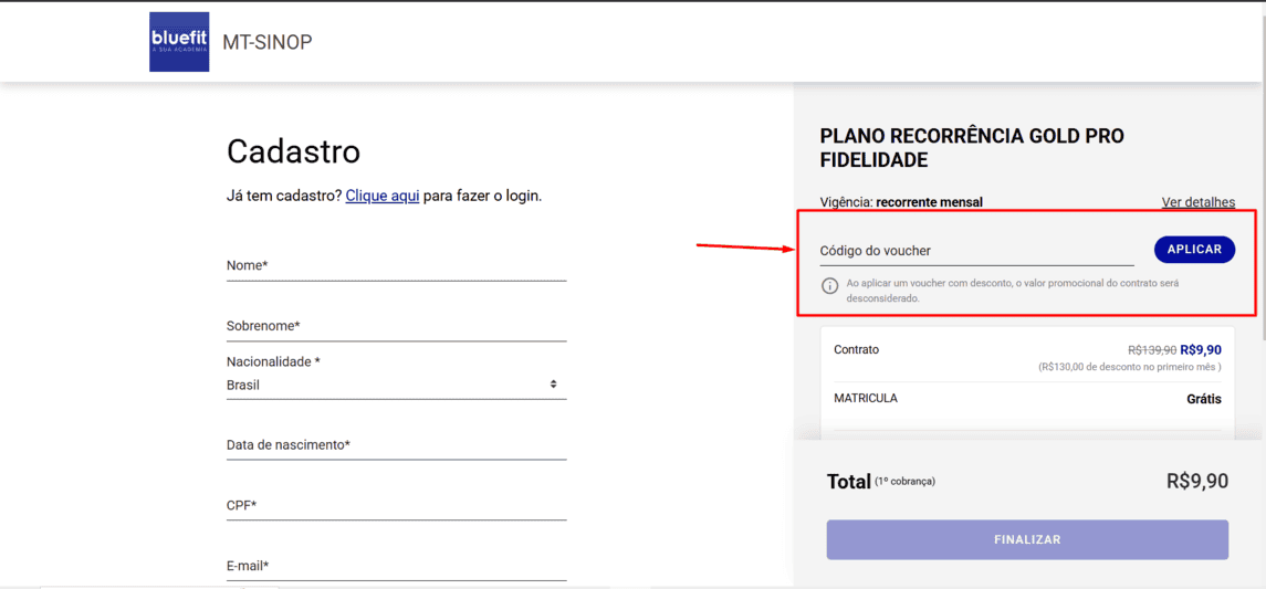 Onde inserir cupom de desconto Bluefit