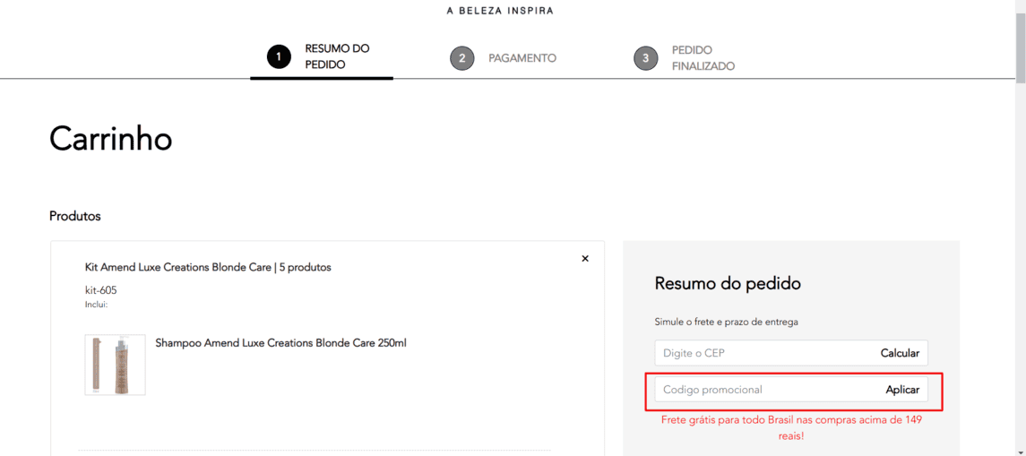 Onde inserir cupom de desconto Amend