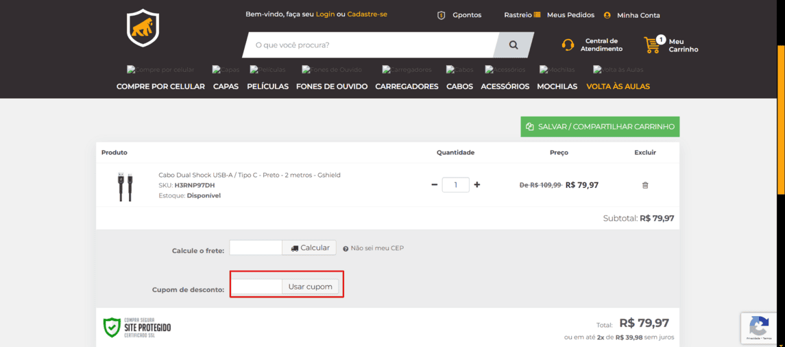 Onde inserir cupom de desconto Gorila Shield