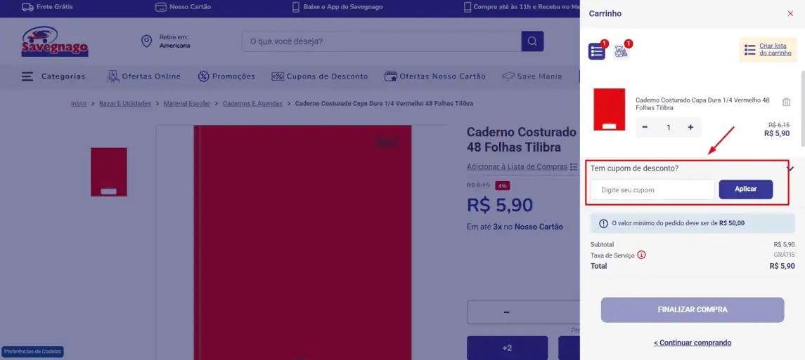 Onde inserir cupom de desconto Savegnago