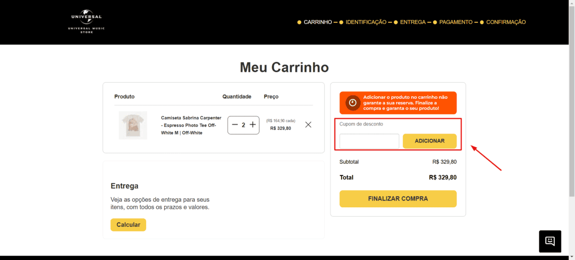 Onde inserir cupom de desconto Universal Music