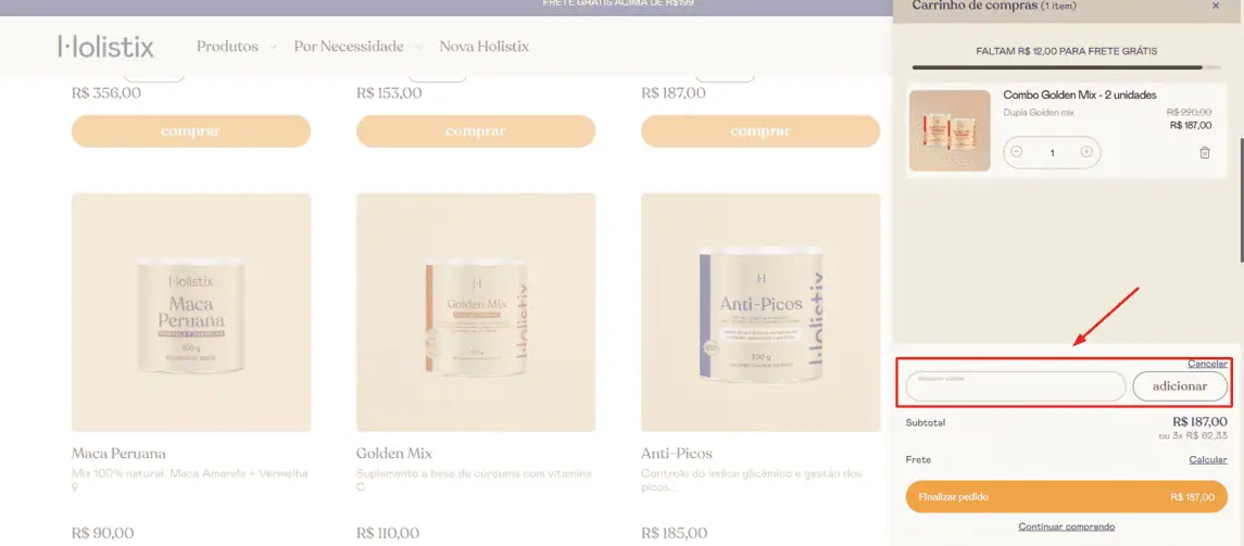 Onde inserir cupom de desconto Holistix