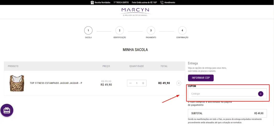Onde inserir cupom de desconto Marcyn