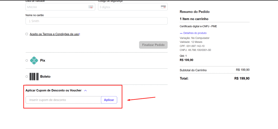 Onde inserir cupom de desconto Certisign