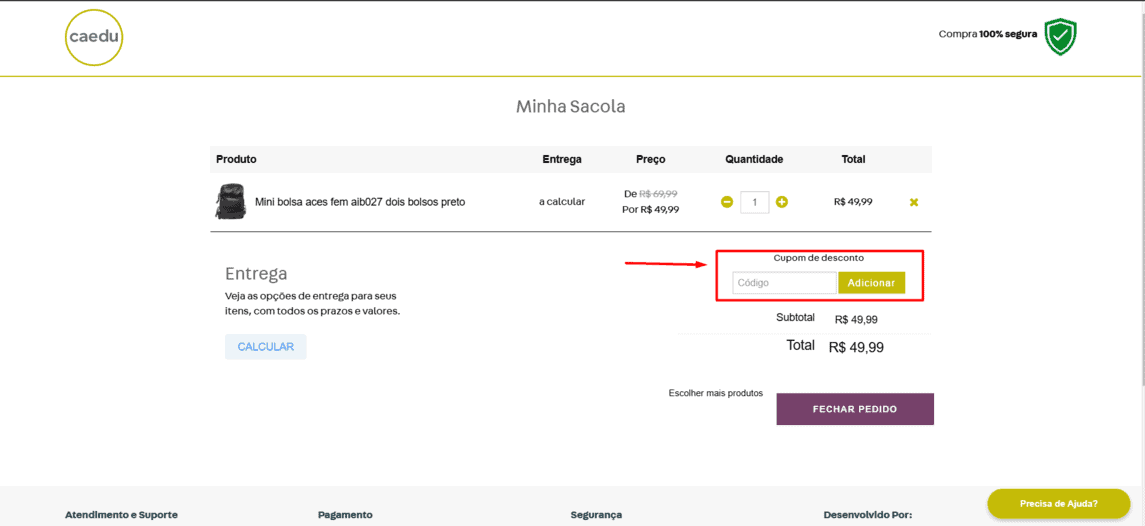 Onde inserir cupom de desconto Caedu