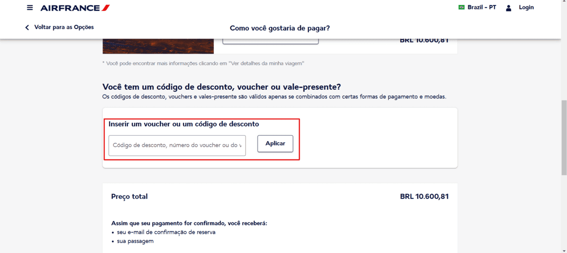 Onde inserir cupom de desconto Air France