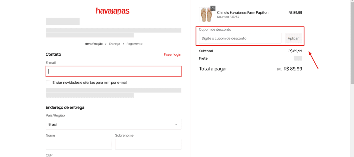 Onde inserir cupom de desconto Havaianas