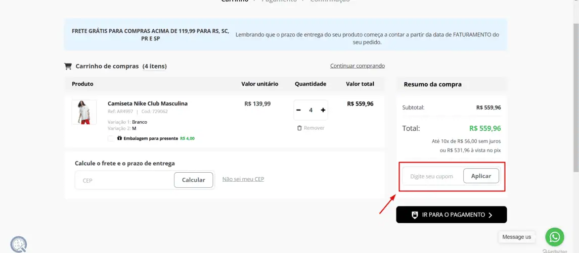 Onde inserir cupom de desconto Reggla