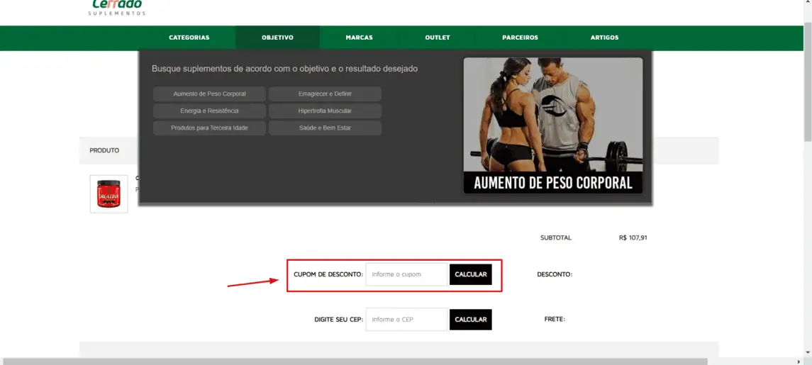 Onde inserir cupom de desconto Cerrado Suplementos