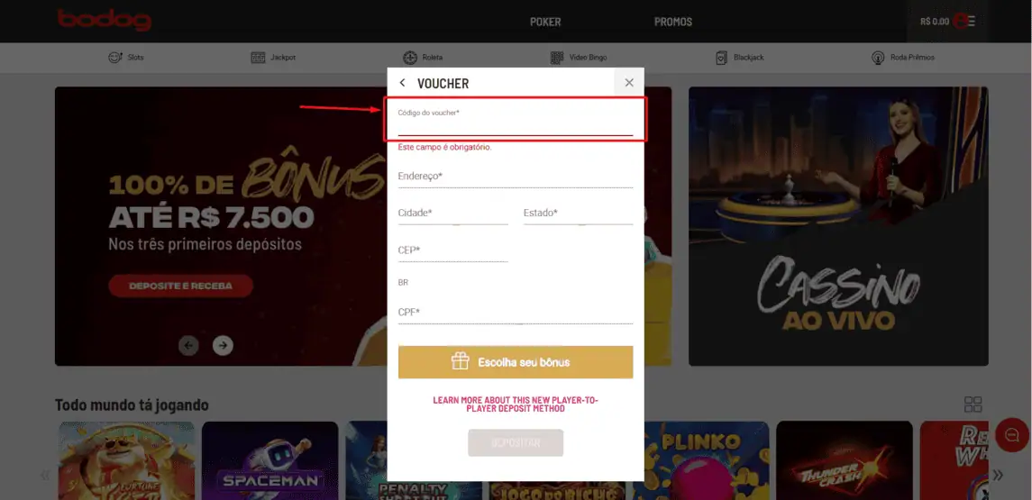 Onde inserir cupom de desconto Bodog
