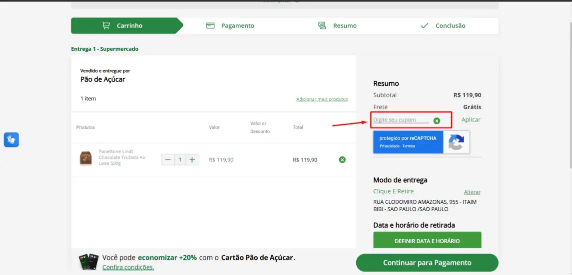 Onde inserir cupom de desconto Pão De Açúcar Delivery