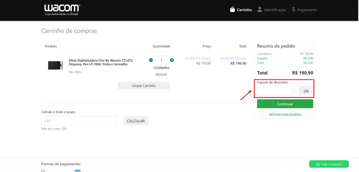 Onde inserir cupom de desconto Wacom Store