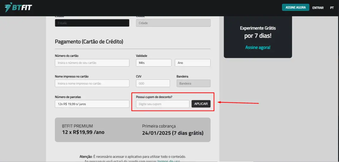 Onde inserir cupom de desconto BTFIT