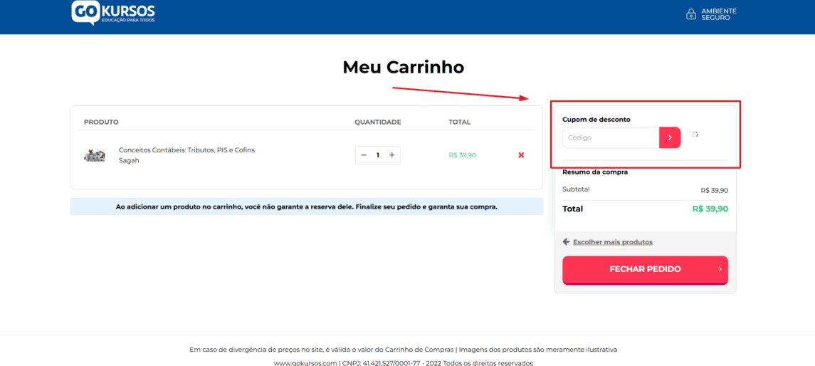 Onde inserir cupom de desconto Go Kursos