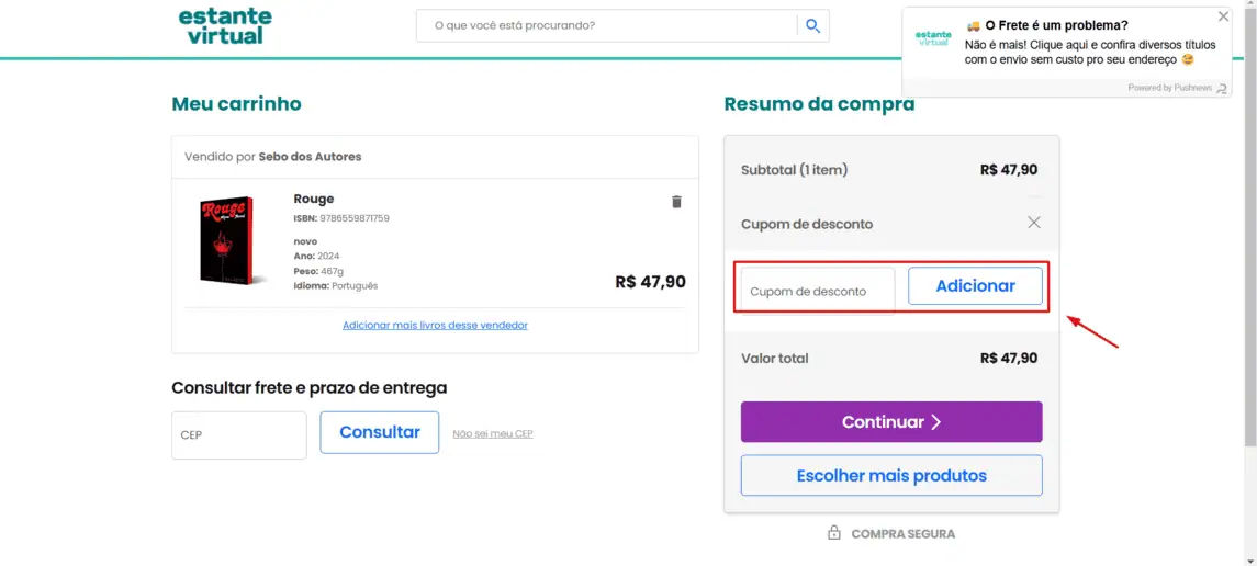Onde inserir cupom de desconto Estante Virtual