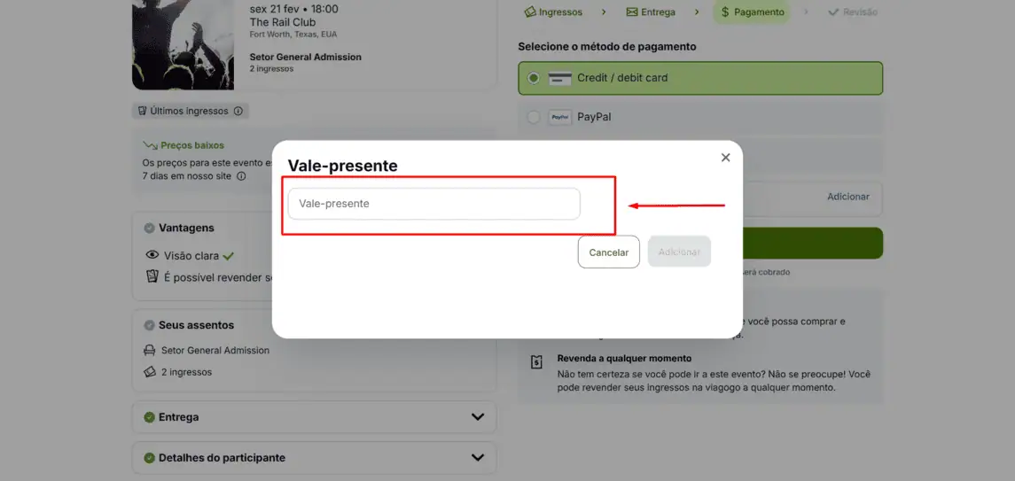 Onde inserir cupom de desconto Viagogo