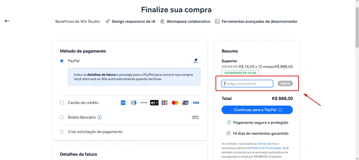 Onde inserir cupom de desconto Wix