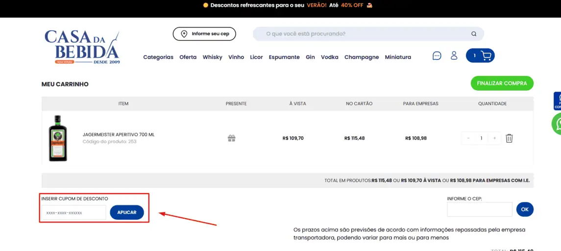 Onde inserir cupom de desconto Casa da Bebida