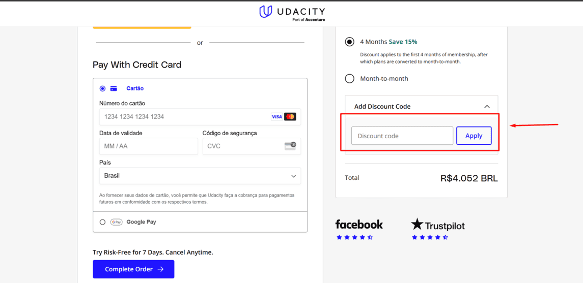 Onde inserir cupom de desconto Udacity