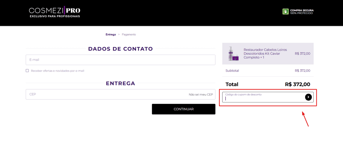 Onde inserir cupom de desconto Cosmezi