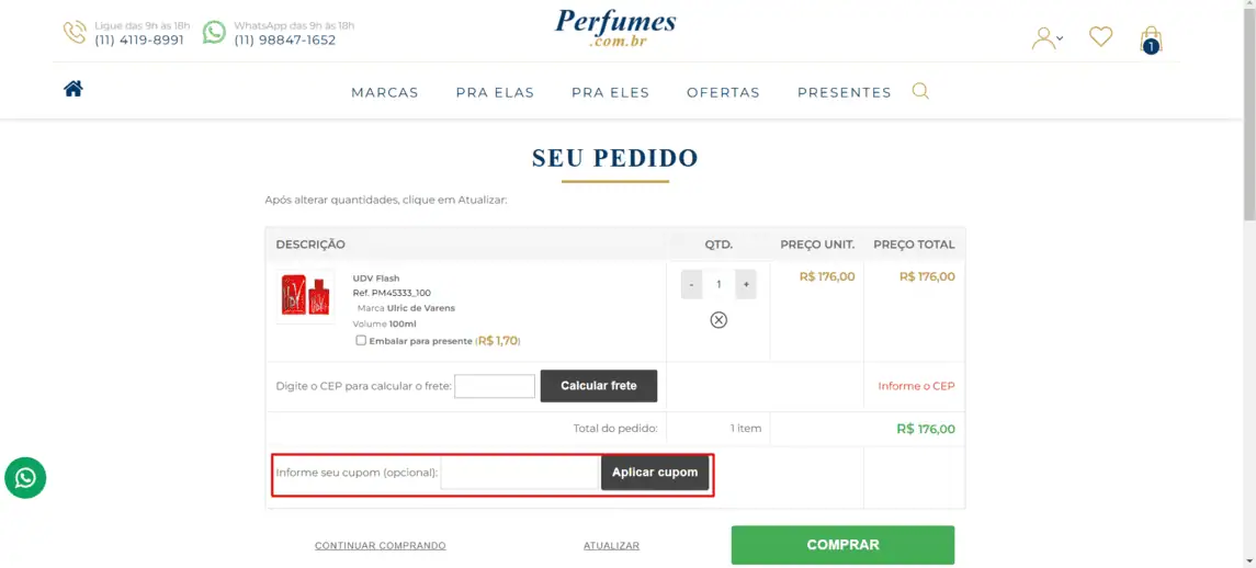Onde inserir cupom de desconto Perfumes.com.br