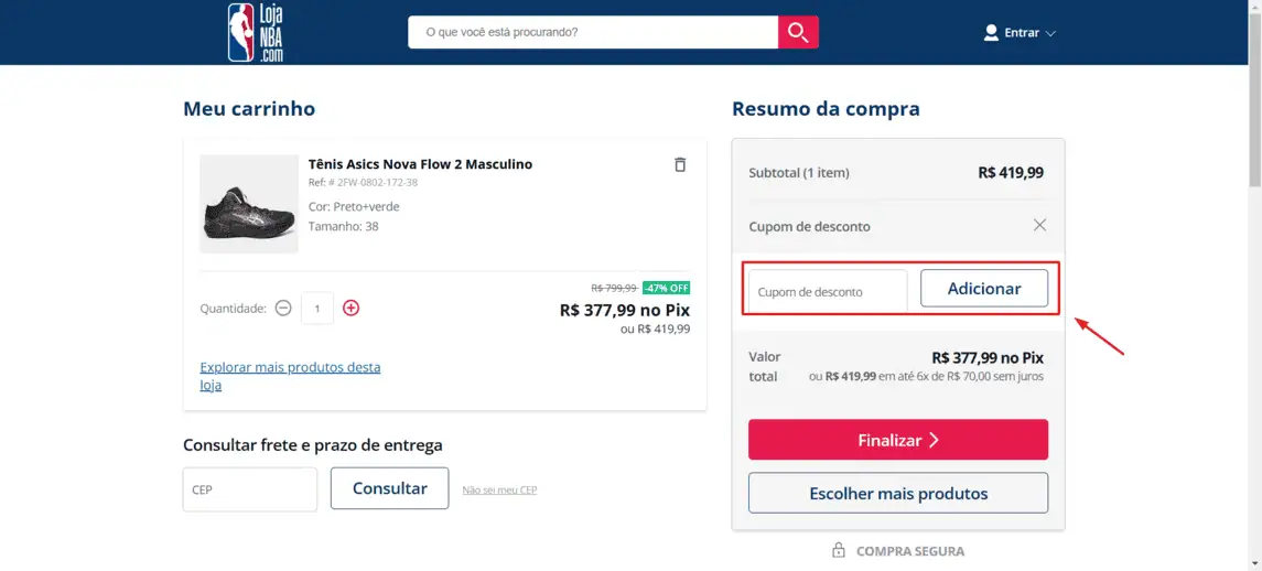 Onde inserir cupom de desconto NBA Store