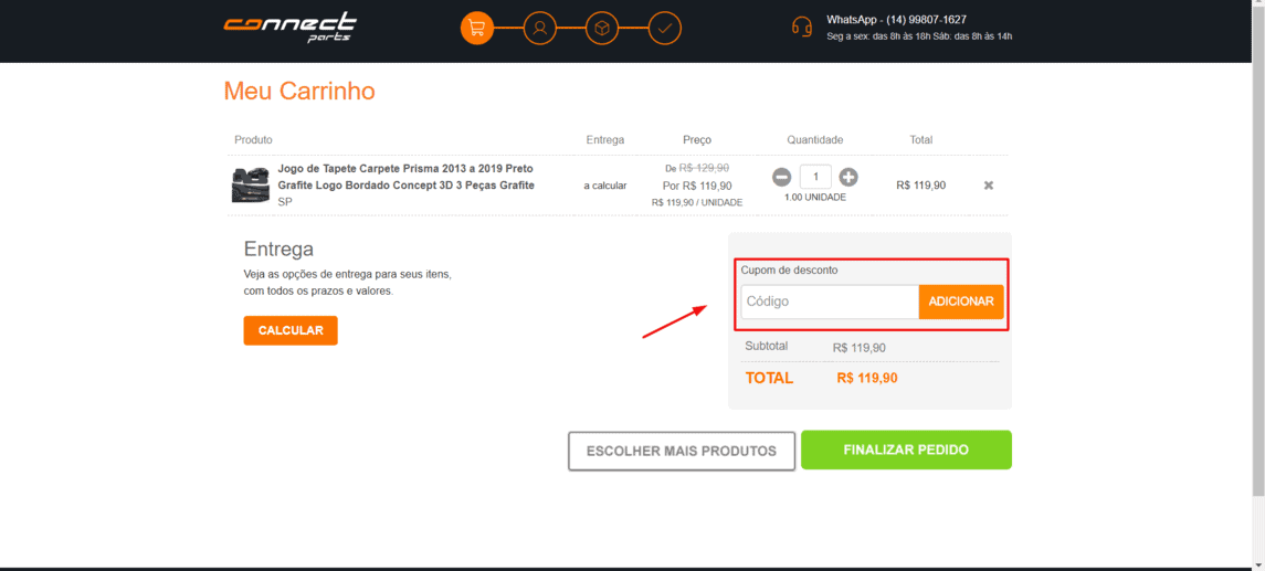 Onde inserir cupom de desconto Connect Parts