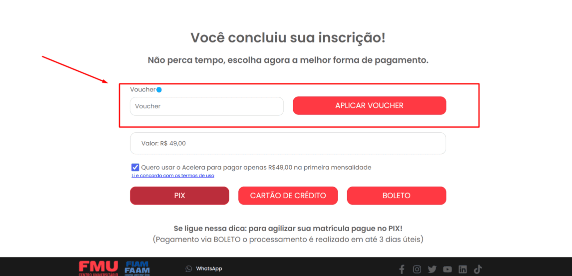 Onde inserir cupom de desconto FMU EAD