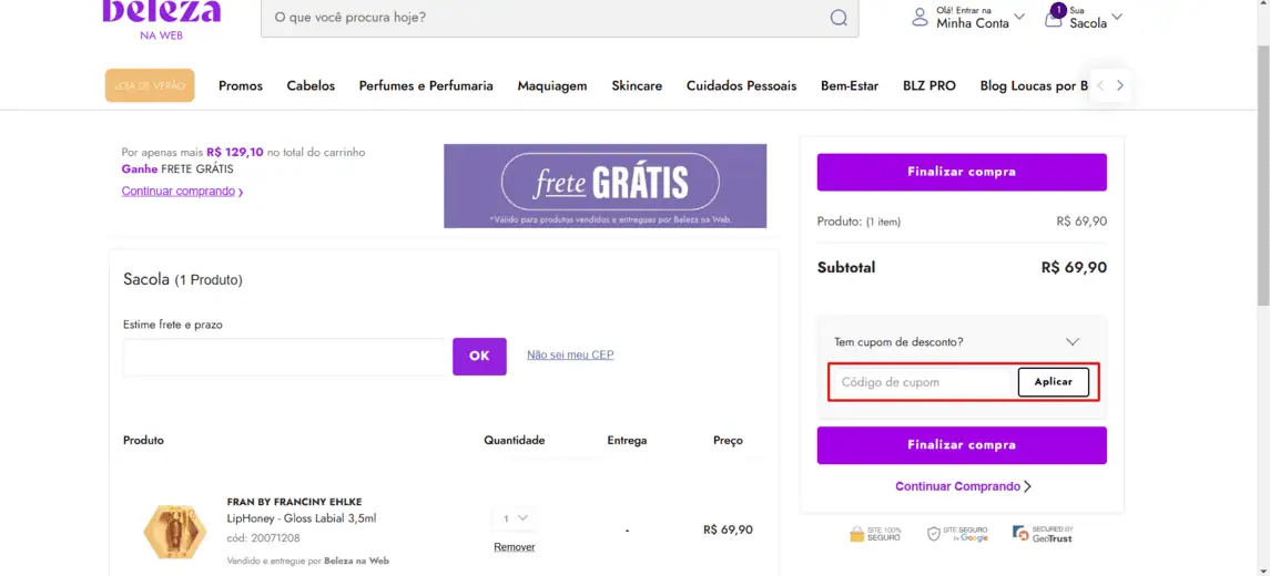 Onde inserir cupom de desconto Beautybox