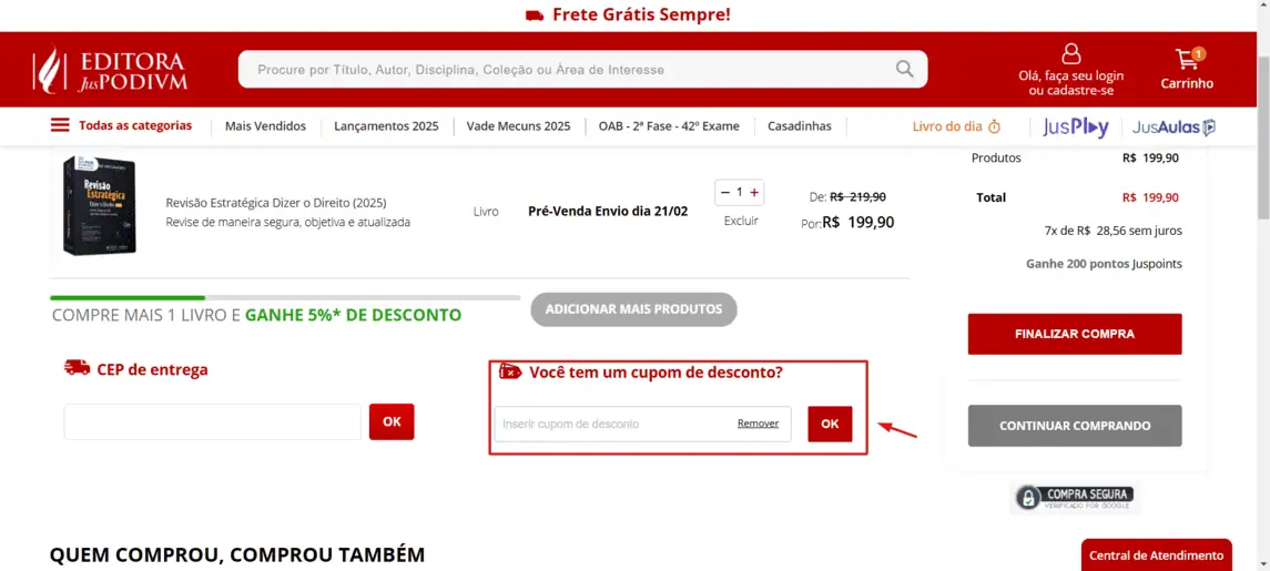 Onde inserir cupom de desconto Editora Juspodivm