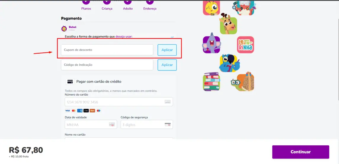 Onde inserir cupom de desconto Leiturinha
