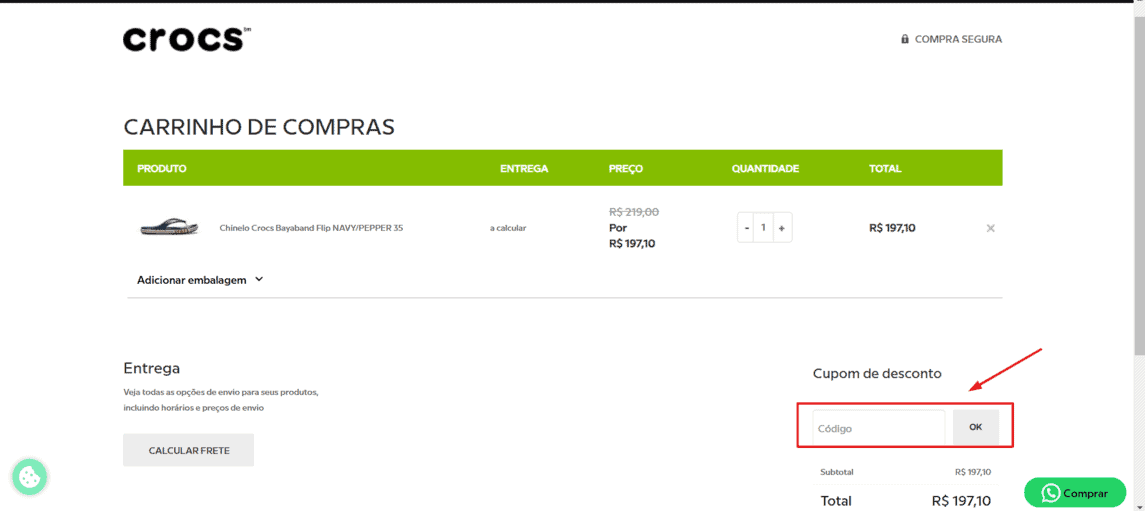 Onde inserir cupom de desconto Crocs