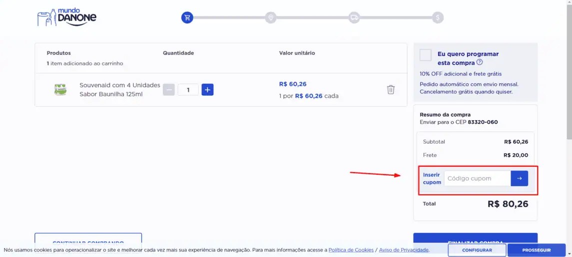 Onde inserir cupom de desconto Mundo Danone
