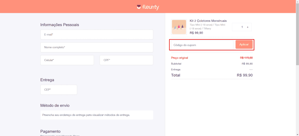 Onde inserir cupom de desconto Fleurity Coletor Menstrual