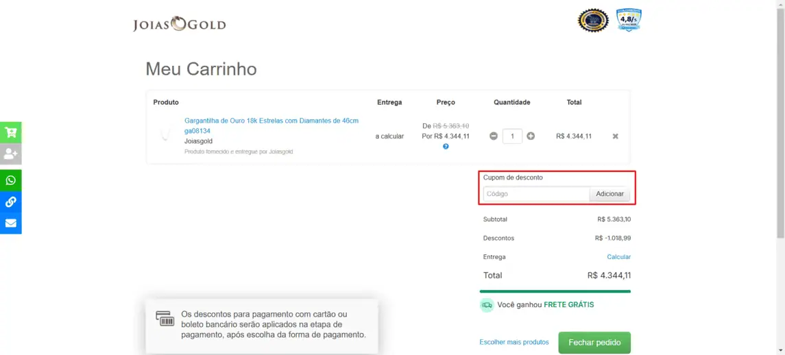 Onde inserir cupom de desconto Joias Gold